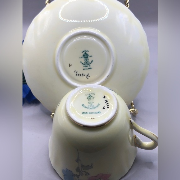 Crown Staffordshire Teacup & Saucer Pale Yellow w/Blue, Pink, and Yellow Flowers - Picture 2 of 10